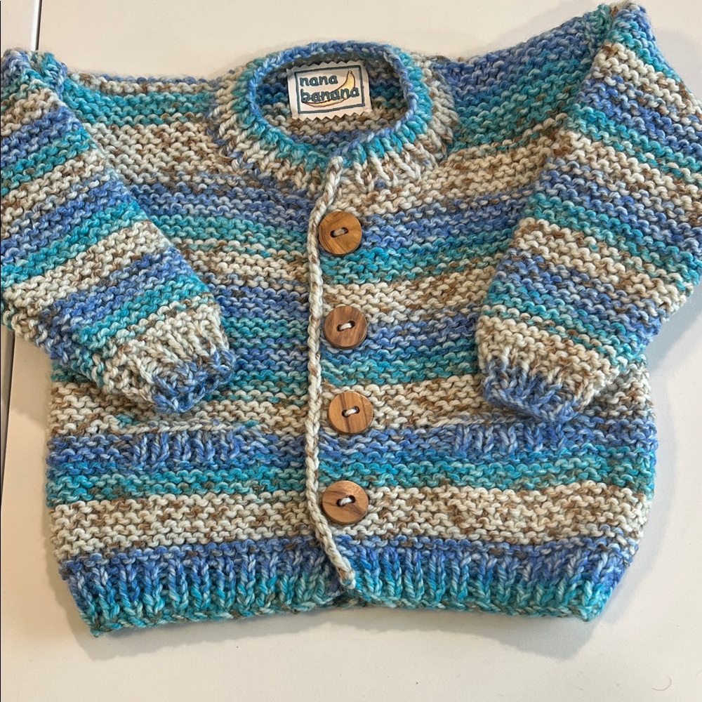 Handmade - hand crochet blue/teal/brown sweater, cardigan, by nana banana
